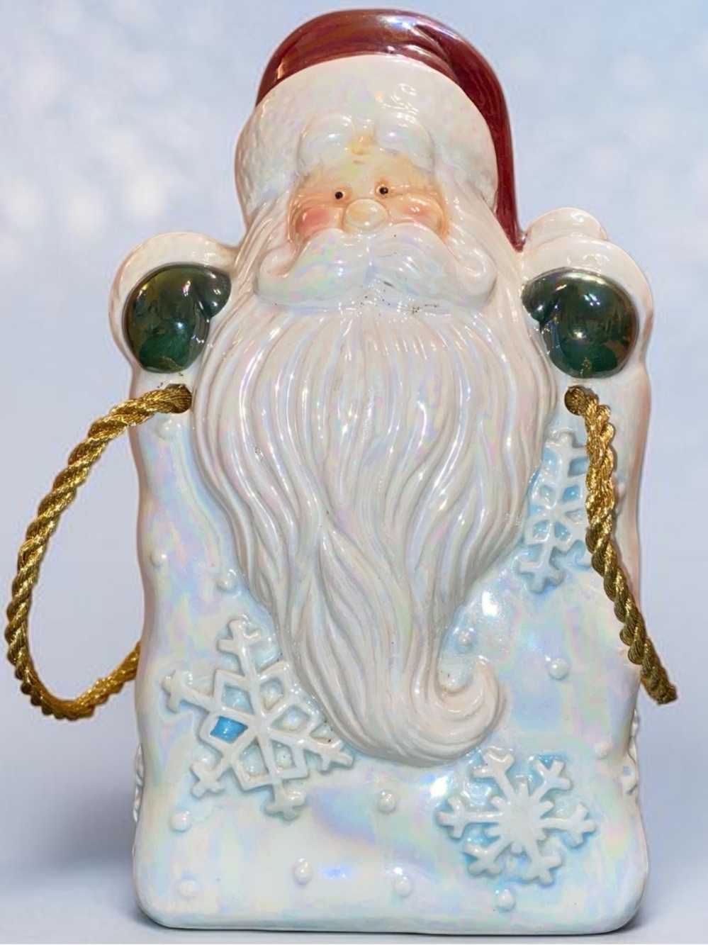 VINTAGE SANTA CLAUS GIFT BAG Pearlized Ceramic Decor Santa & Snowflake Design